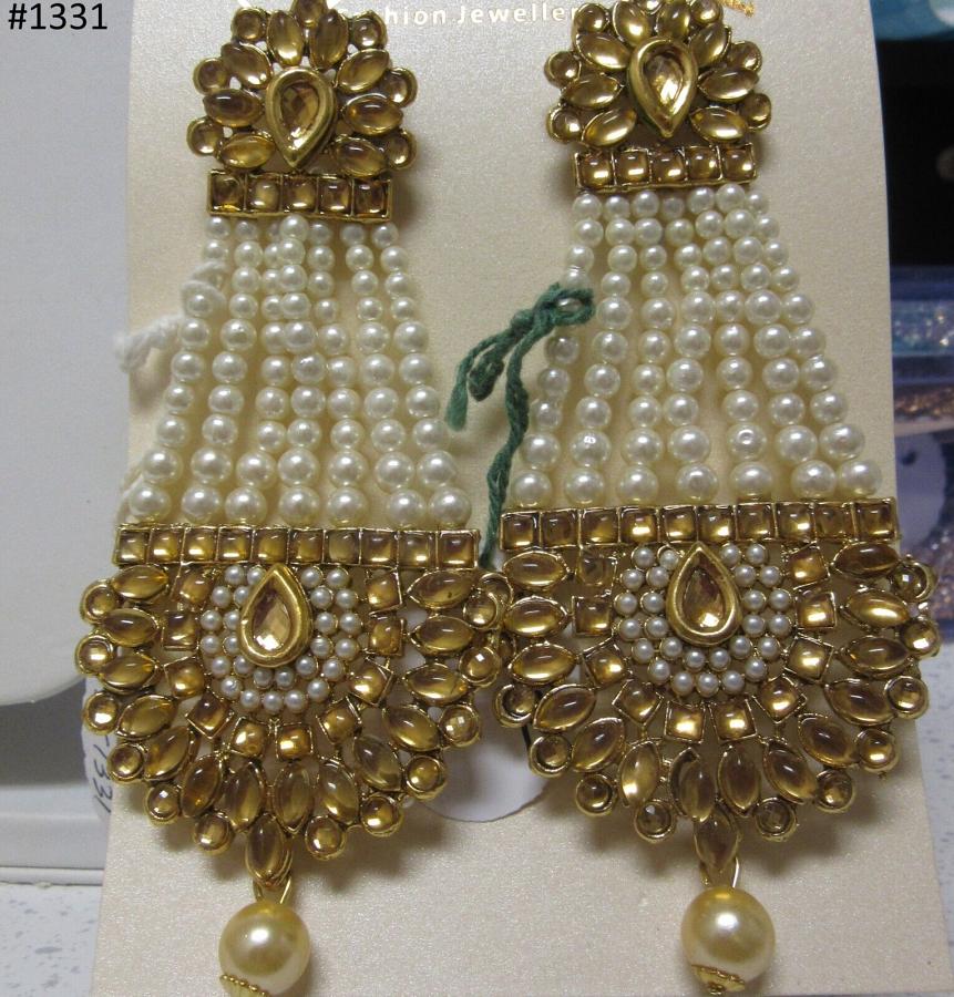Indian Designer Traditional Earrings Golden Gold Stones Pearls Indian Designer Traditional Earrings Golden Gold Stones Pearls