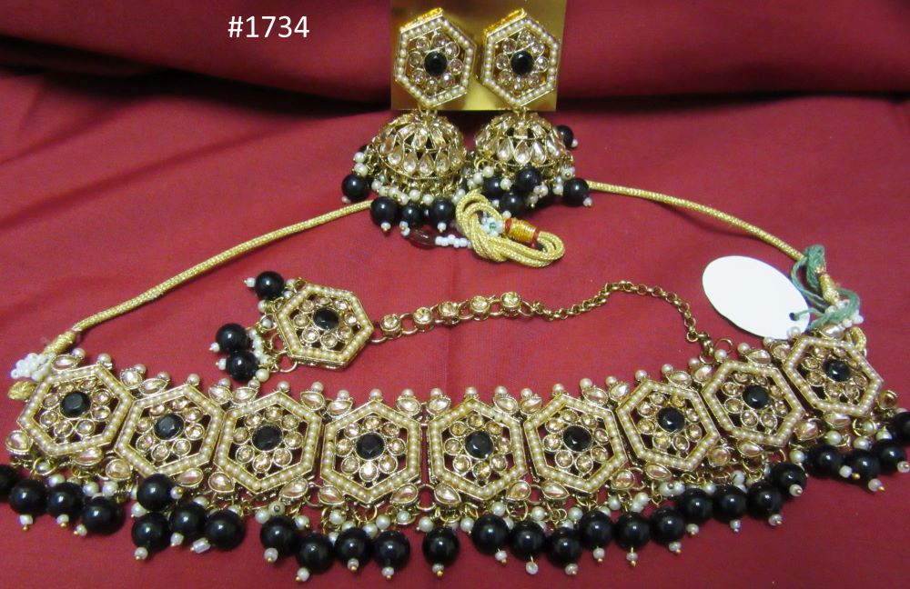 Indian Designer Gold Finish Black Beads Choker Necklace Earrings Indian Designer Gold Finish Black Beads Choker Necklace Earrings