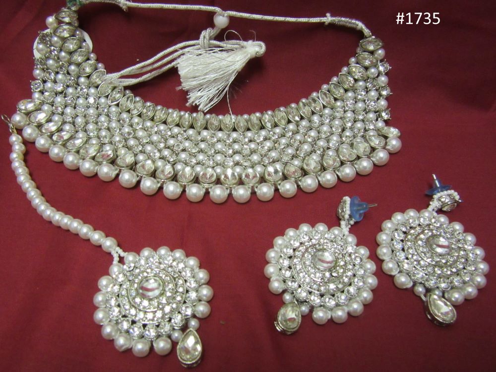 Indian Designer Silver Finish Pearl Beads Guloband Necklace & Earrings