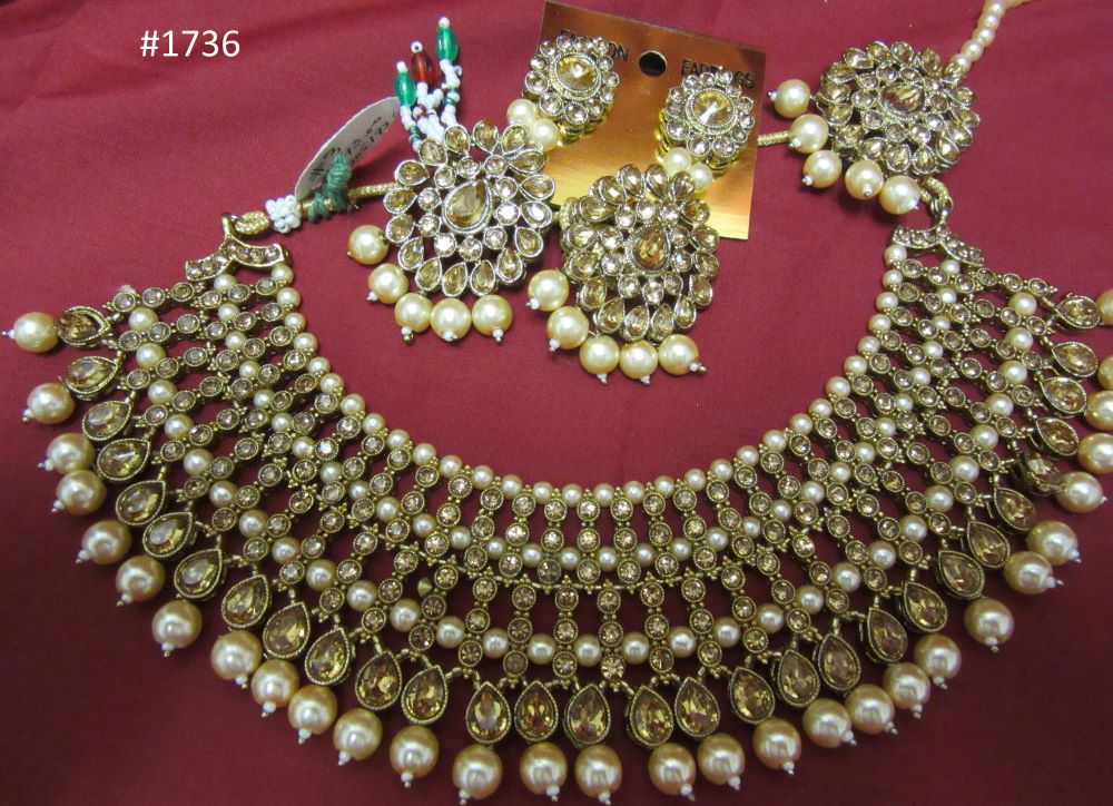 Indian Designer Gold Finish Pearl Beads Guloband Necklace & Earrings Set Indian Designer Gold Finish Pearl Beads Guloband Necklace & Earrings Set