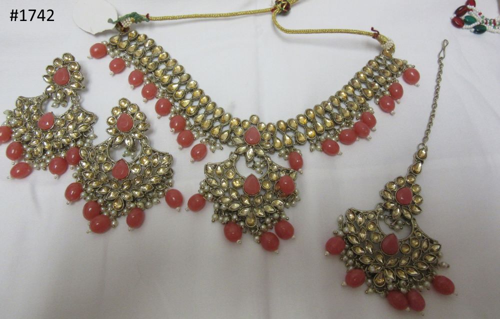Indian Designer Gold Finish Pink Beads Necklace, Earrings & Tika Set Indian Designer Gold Finish Pink Beads Necklace, Earrings & Tika Set