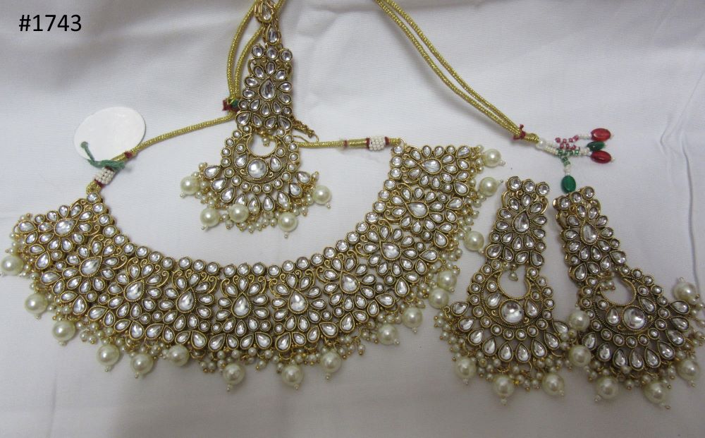 Indian Designer Gold Finish Silver Crystals Necklace Earrings & Tika Set