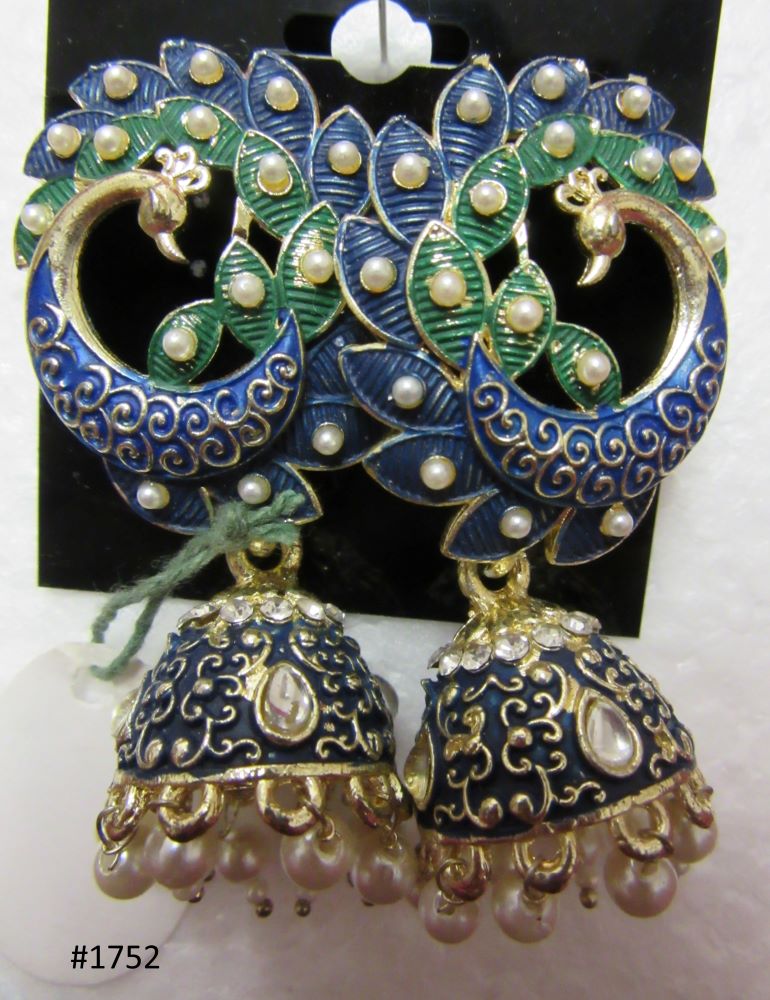 Traditional Indian Design Earrings Golden Peacock Pearl Jhumki #3051752