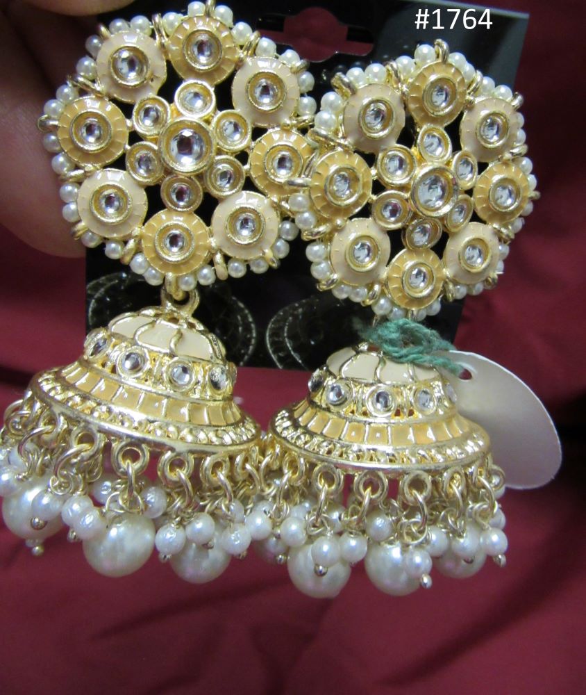Traditional Indian Designer Silver CZ Pearl Beads Jhumka
