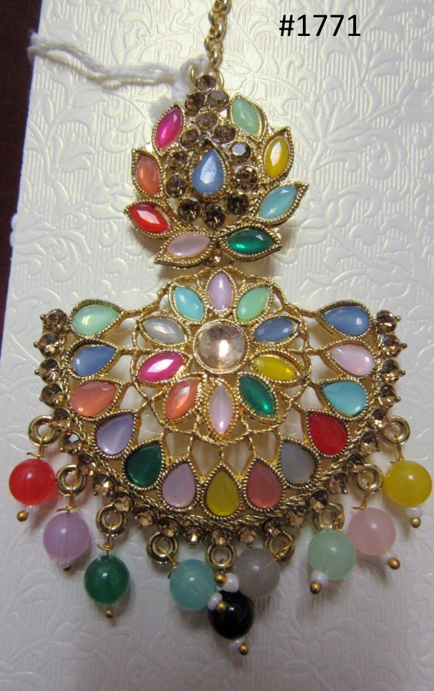 Tikka Jewelry, Indian Designer Maang Tika Golden Multi CZ Crystal Stones Tikka Jewelry, Indian Designer Maang Tika Golden Multi CZ Crystal Stones