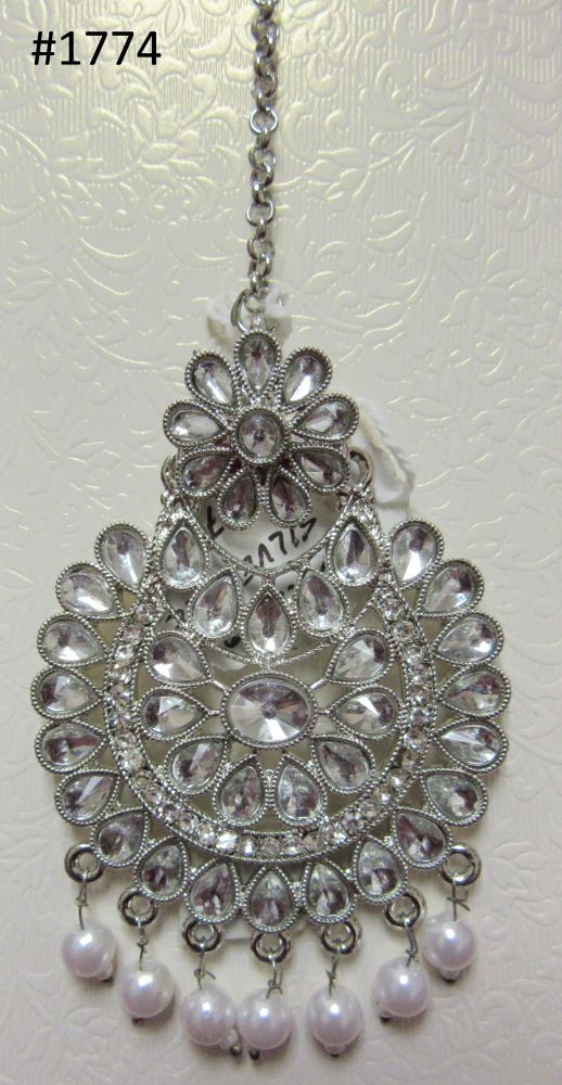 Mang Tika - Indian Designer Maang Silver CZ Stones Pearl Beads Mang Tika - Indian Designer Maang Silver CZ Stones Pearl Beads