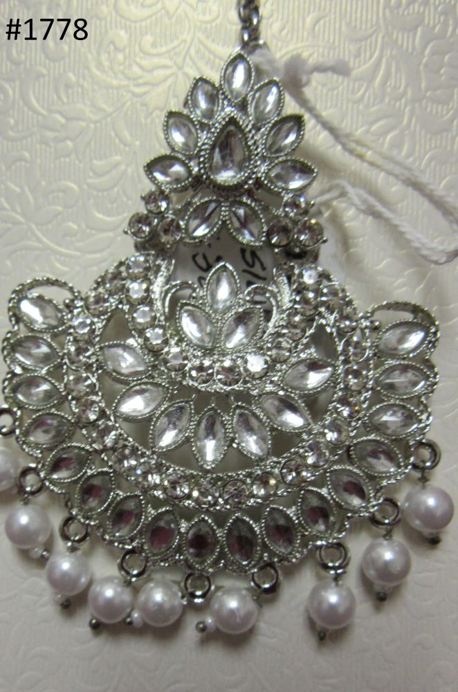 Tikka 3051778 Indian Designer Maang Silver CZ Stones Pearl Beads Tikka 3051778 Indian Designer Maang Silver CZ Stones Pearl Beads