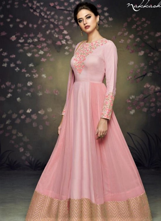 Attractive Embroidered Light Pink Silk Indo-Western Gown ( L-40 ...