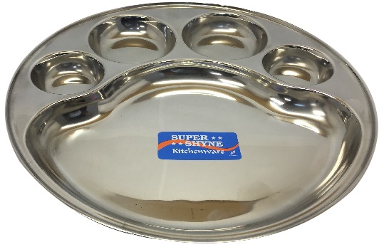 Round Stainless Steel Thali / Plate / Tray w/ 5 Sections 12"
