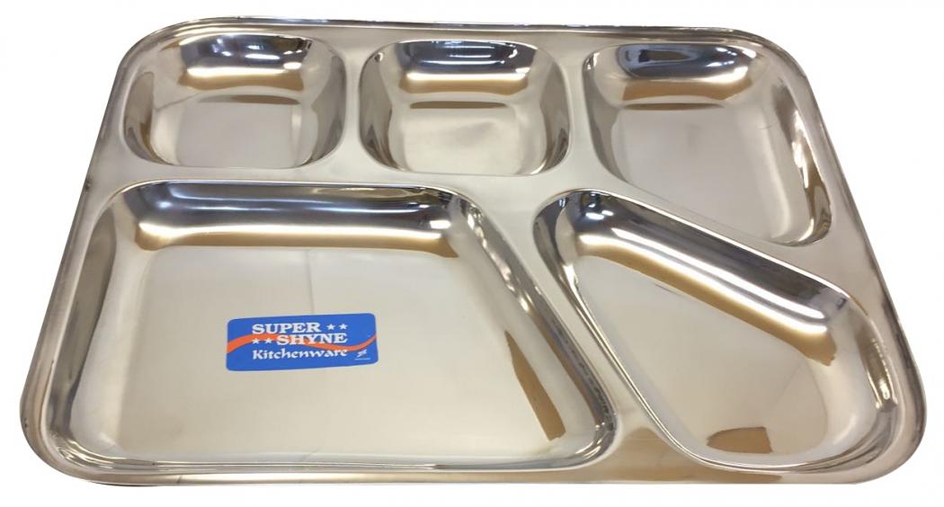 Rectangle Rimmed Stainless Steel Plate (Thali) w/ 5 Compartment 12"X14"