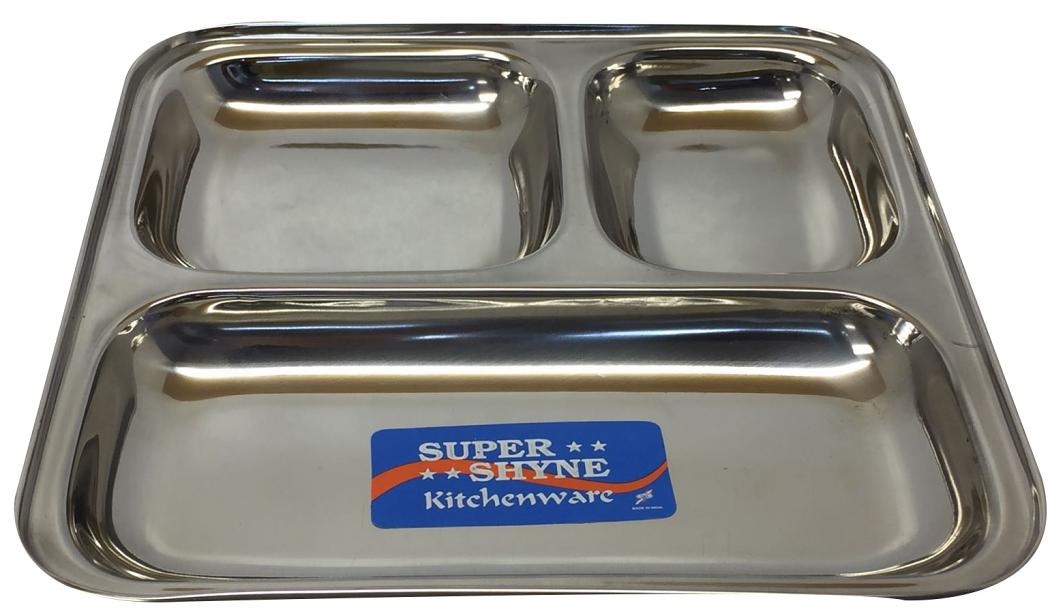 Square Stainless Steel Snack, Meal Thali / Plate w/ 3 Compartment 9.5"