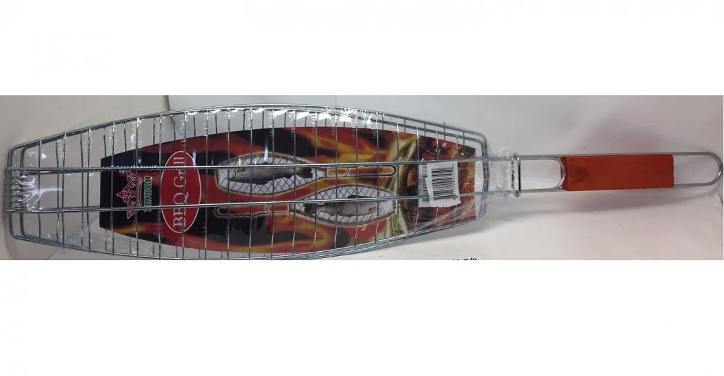 Steel Grid Fish BBQ W/ Wood Handle