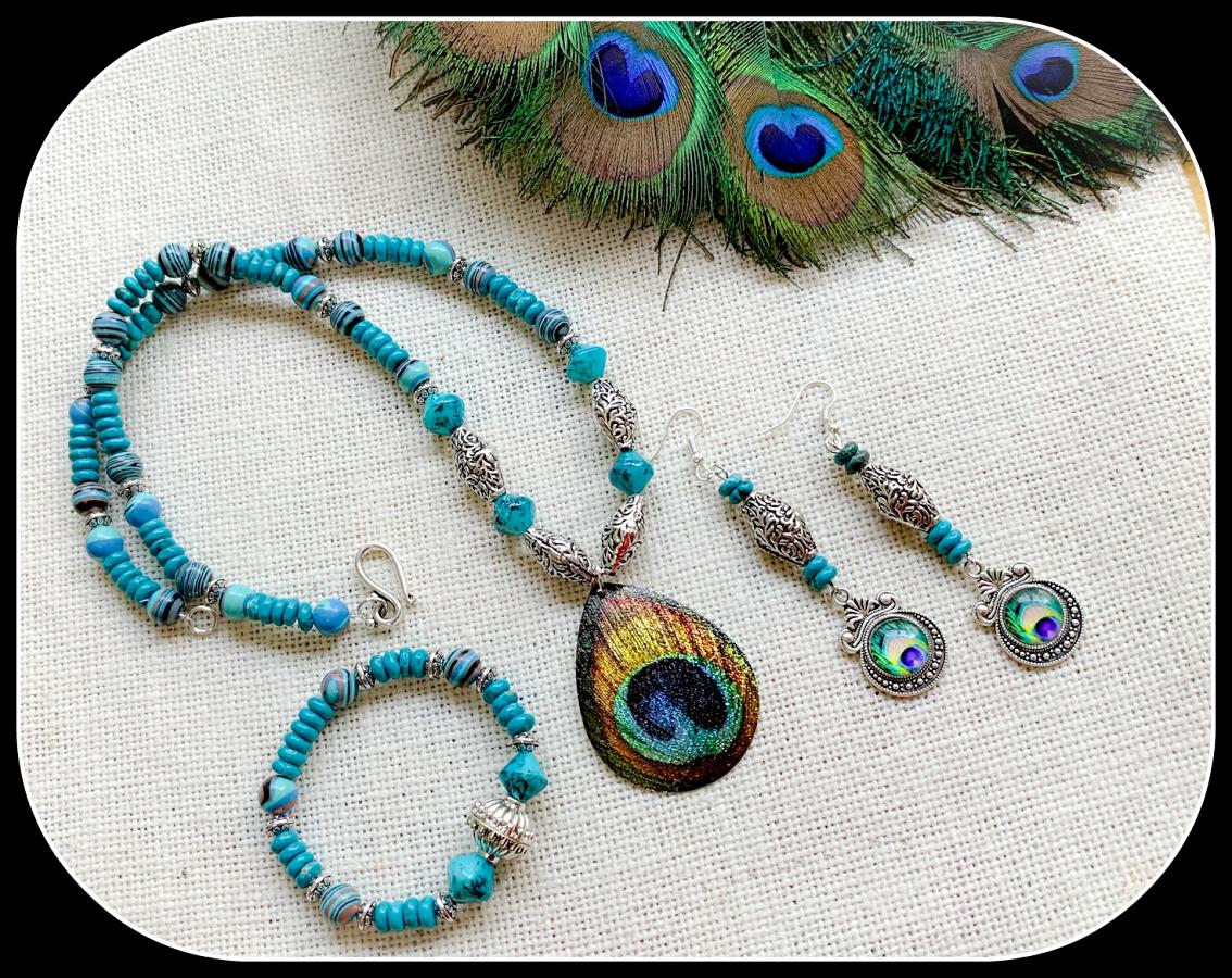 Turquoise Blue Peacock Pendant, Earrings Plus Stretchable Bracelet!!! Turquoise Blue Peacock Pendant, Earrings Plus Stretchable Bracelet!!!