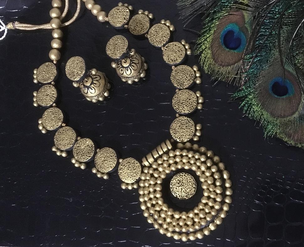 Grand Bold Antique Beaded Terracotta Golden Choker Set w/ Jhumkas Grand Bold Antique Beaded Terracotta Golden Choker Set w/ Jhumkas