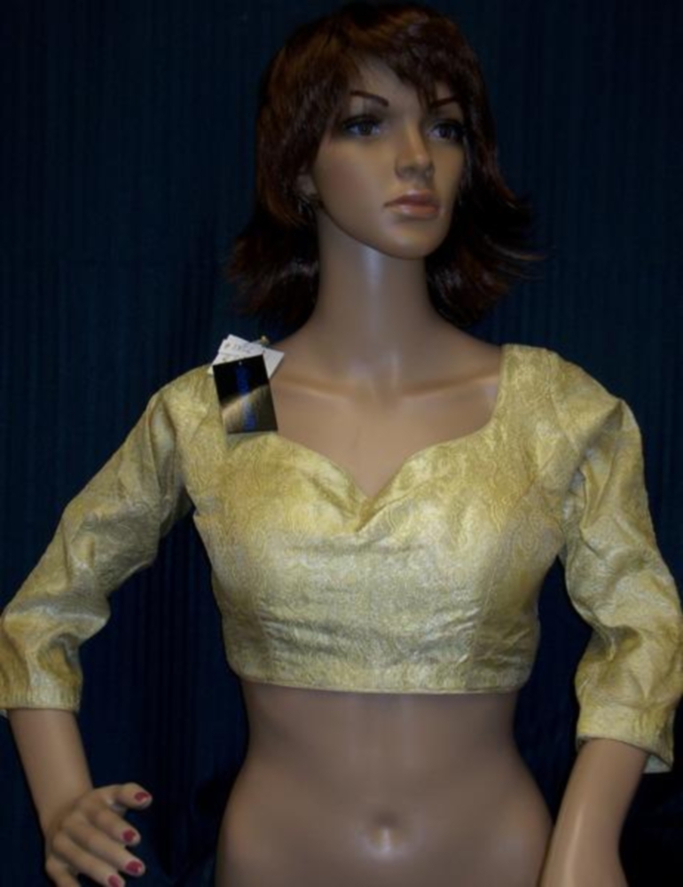 Golden Brocade Stitched Blouse Choli Bare Back Long Sleeves (M) #3857 Golden Brocade Stitched Blouse Choli Bare Back Long Sleeves (M) #3857