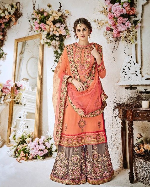 Elegant Orange Grey Pakistani Indian Sharara Palazzo Salwar Kameez Suit