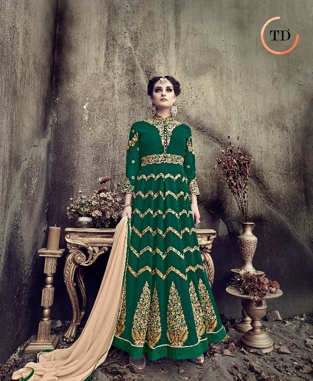 Trendy Green Anarkali Suit w/ Heavy Gold Work - Unstitched