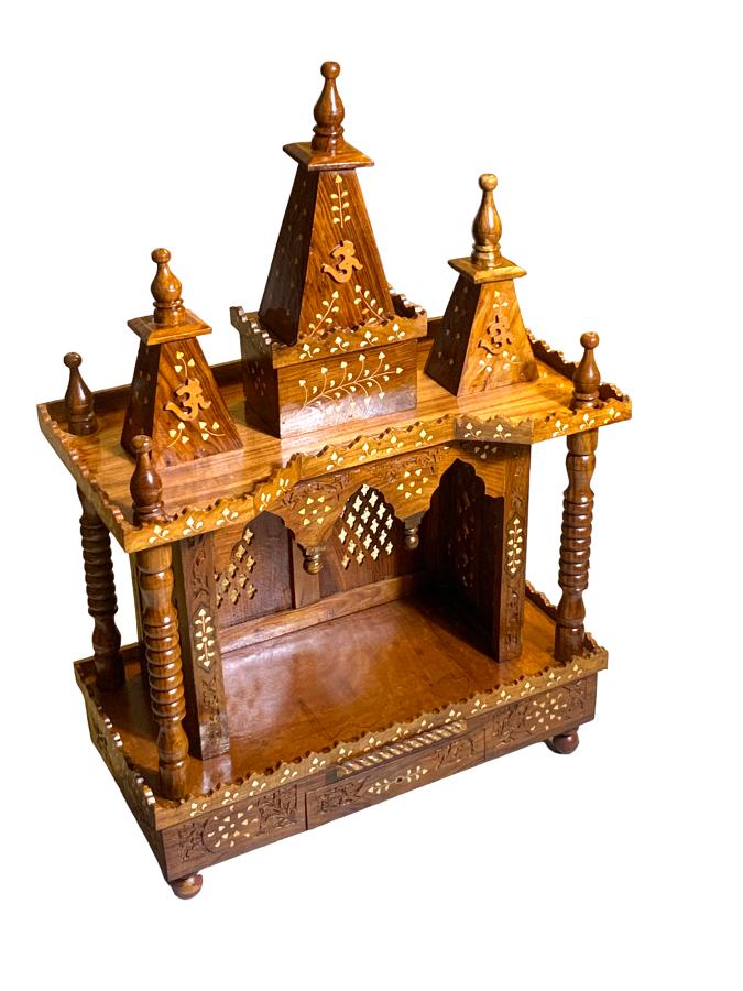 Sheesham wood Handcarved 3 Shikhar wood temple with Brass Inlay 