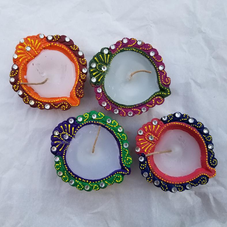 Diwali Clay Diyas Hand Designer Painted w/ Wax & Wick (4 Pcs Pack)