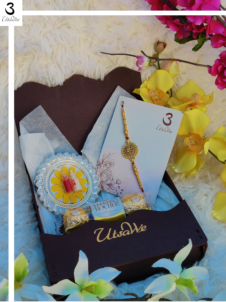 Traditional Gold RAKHI Gift Set with Roli, Chaval, Card, Chocolates & Love