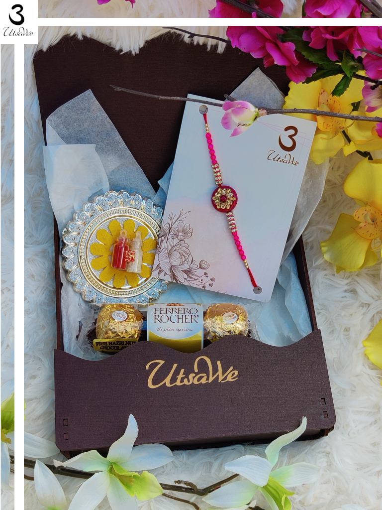 RAKHI Gift Hamper - Gift Box W/ Stone Rakhi + Roli, Chaval, Card, Chocolate