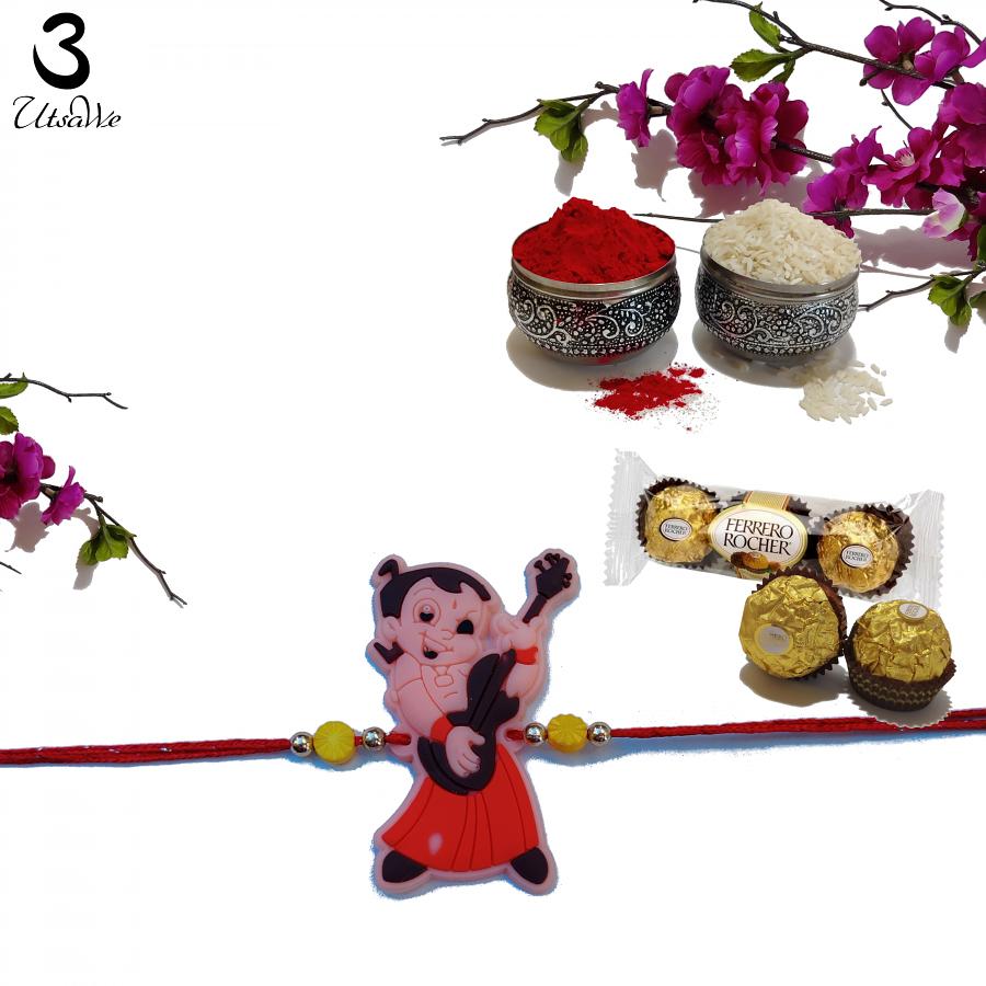 Adorable Chota Bheem Kids Rakhi W/ Handpicked Materials  + Roli & Chaval