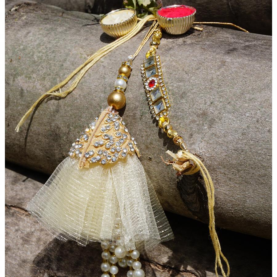 Precious Lumba Bhaiya Bhabhi Kundan Rakhi With Ornaments + Roli