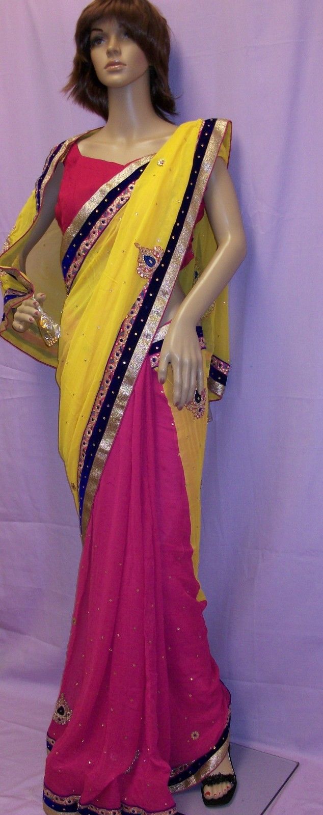 Yellow Pink Chiffon Half & Half Party Wear Saree \w Blouse Yellow Pink Chiffon Half & Half Party Wear Saree \w Blouse