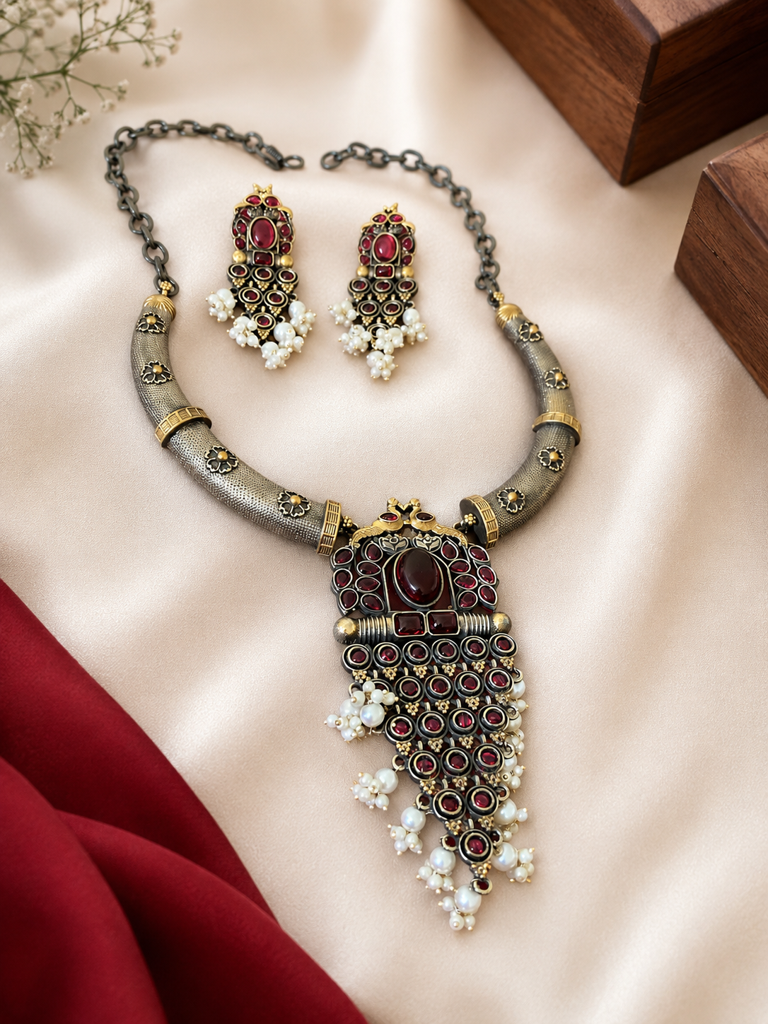 Ruby & Pearl Traditional Necklace Set