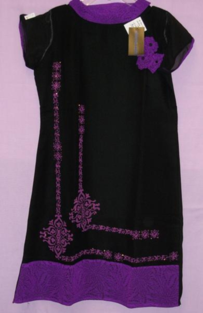 Black Georgette Purple Kurti Tunic Shirt Medium Size