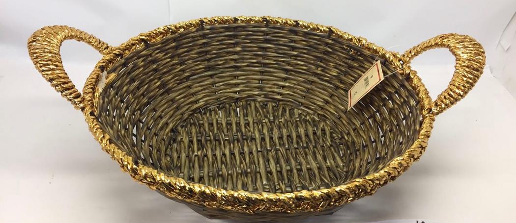 Oval Round Woven Brown w/ Golden Rim Wicker Basket w/ Handles 3 Pcs
