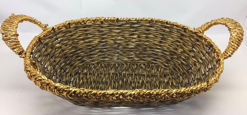 Oval Woven Brown w/ Golden Rim Wicker Basket w/ Handles 3 Pcs