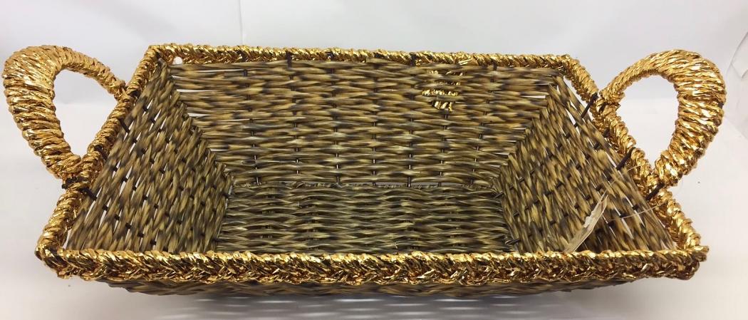 3 Pcs Rectangle Woven Brown w/ Golden Rim Wicker Basket w/ Handles