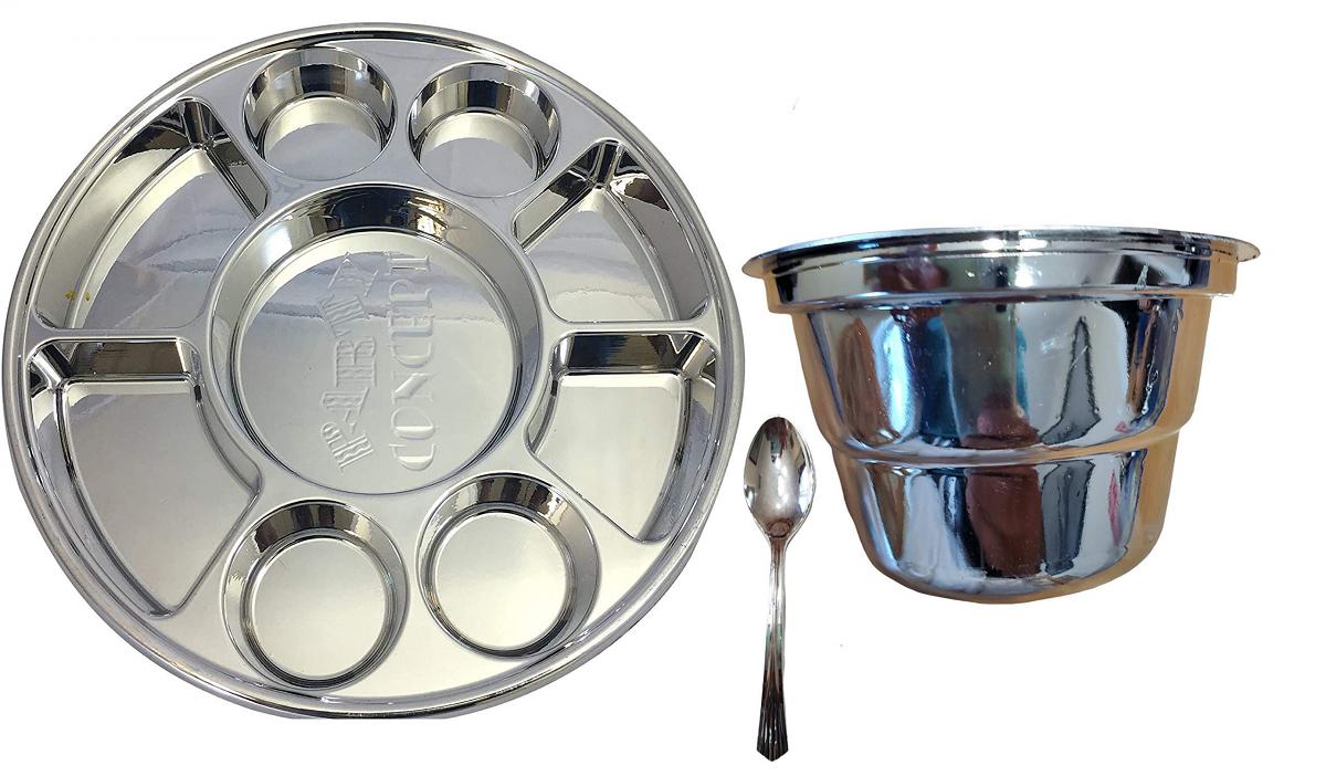 9 Compartment Disposable Silver Platesfor Indian Food - 200 Thali w/ Spoon & Bowl
