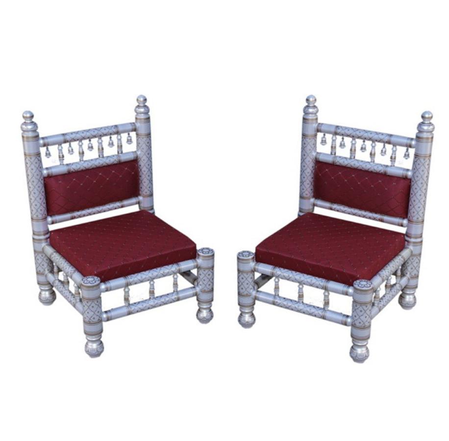 Sankheda Low Chair Set (2 Pcs) in Pearl White & Gold Color