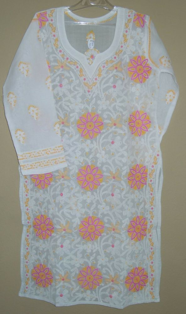 White Pink Cotton Embroidered Tunic Top Kurti Medium M Size #475