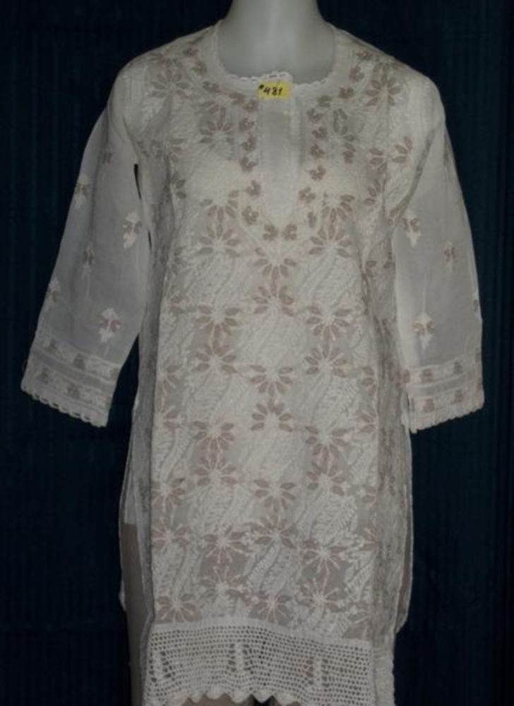 Kurti 481 White Cotton Embroidered Tunic Top Kurta - M-L Kurti 481 White Cotton Embroidered Tunic Top Kurta - M-L