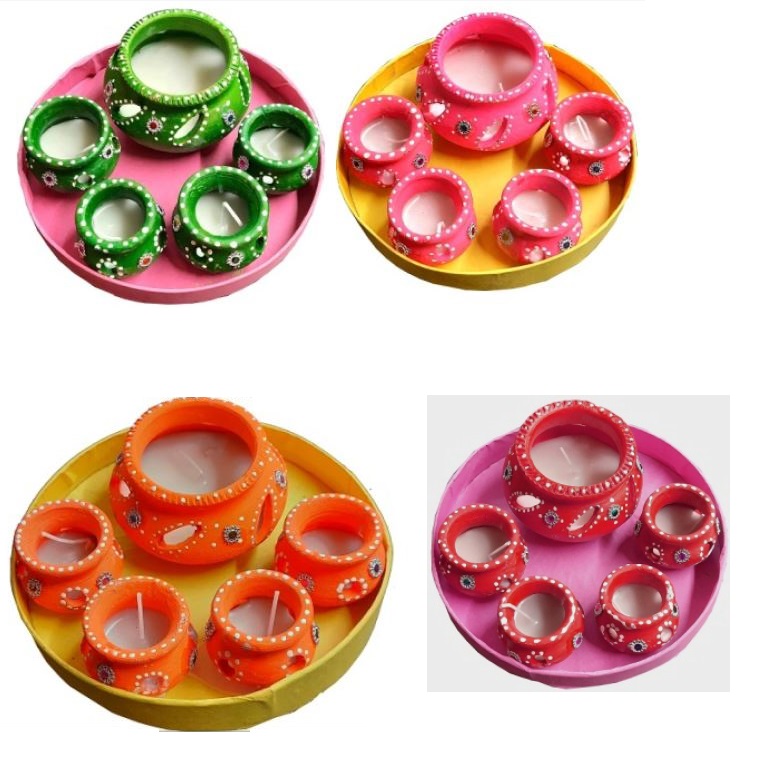 12 Set Fancy Colorful Clay Diwali Matka Design Diyas for Gifting