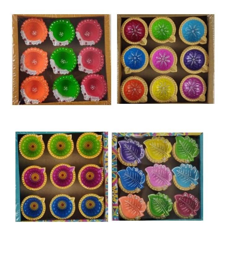 216 Pcs Decorative Assorted Design Fancy Clay Diyas for Diwali (24 Sets)