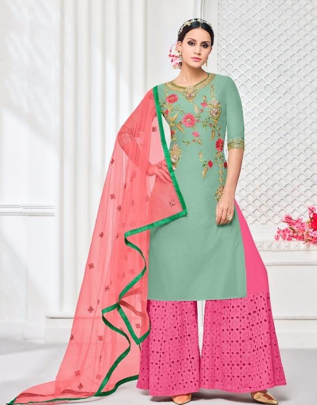 Green Pink Indian Pakistani Garara Plazzo Designer Suit  (Unstitched)