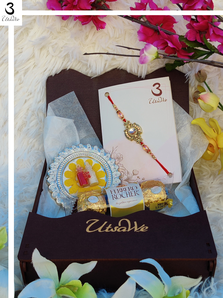 Royal Rakhi Gift Set w/ Golden RAKHI + Roli, Chaval, Card, Chocolates