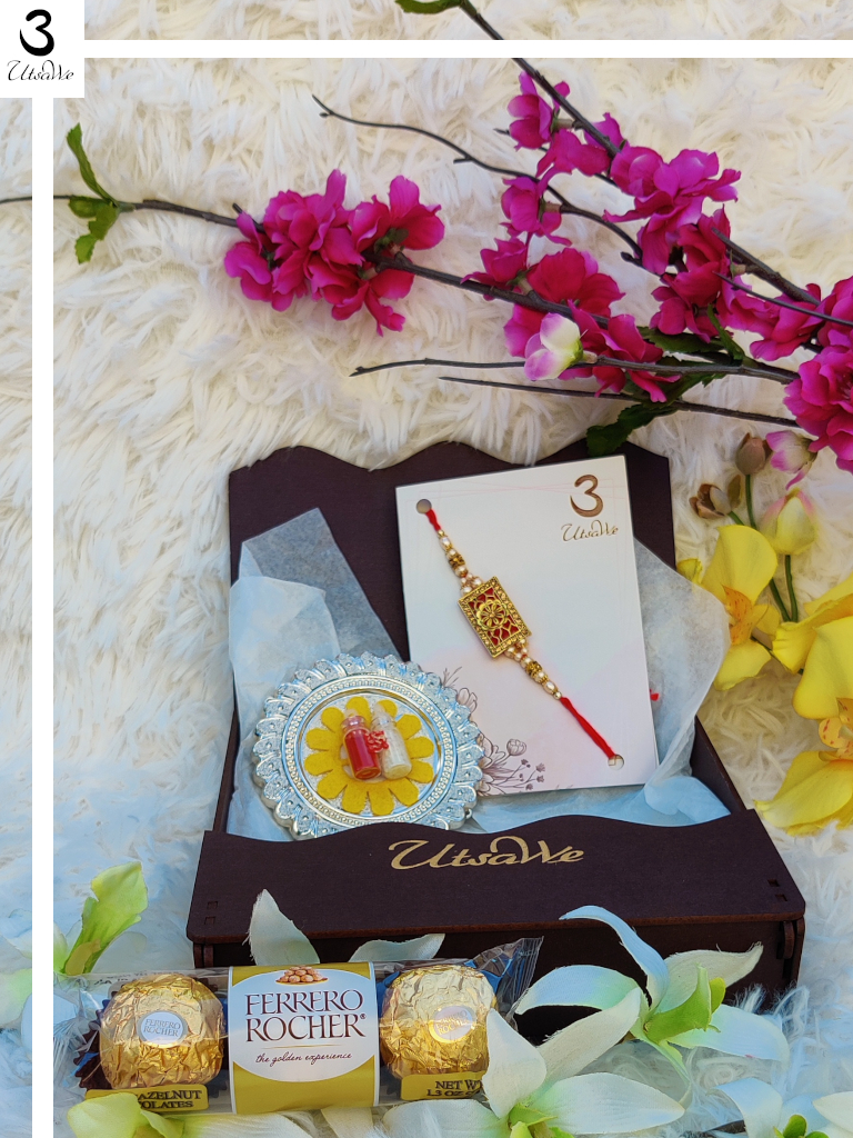 Gift Hamper W/ Ruby Stone rakhi + Roli, Chaval, Card, Chocolates & Love