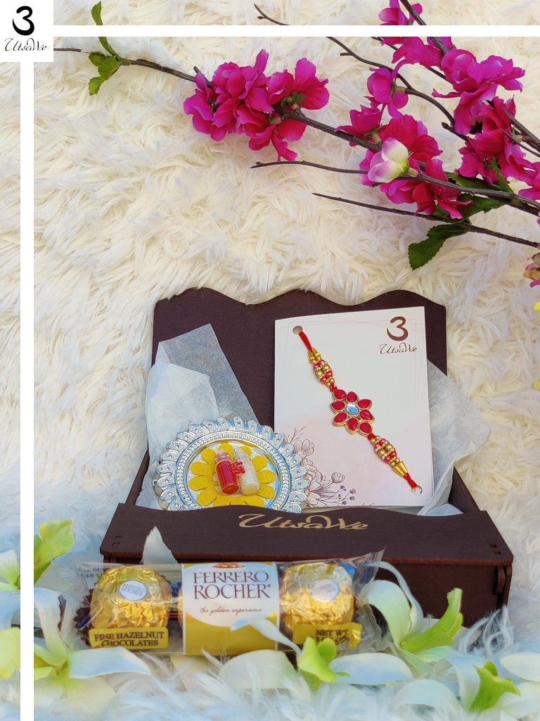 Rose Quartz Rakhi Gift Set with Golden Fringe+Roli, Chaval, Card, Chocolate Rose Quartz Rakhi Gift Set with Golden Fringe+Roli, Chaval, Card, Chocolate