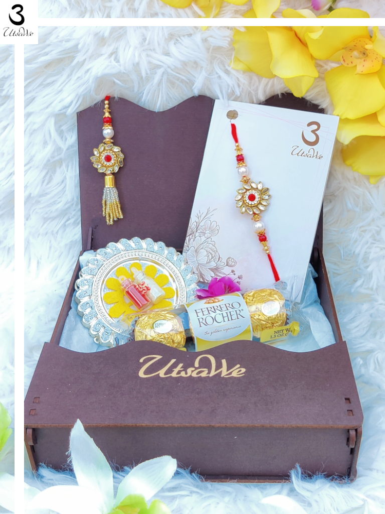 Red Kundan Bhaiya Bhabhi Rakhi Set w/ Roli,Chaval,Chocolate & Card 