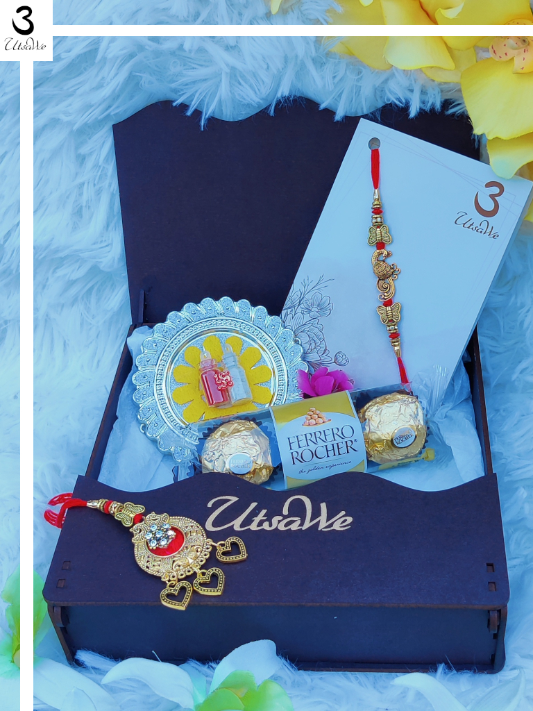 Antique Bhaiya Bhabhi Rakhi Set w/ Roli,Chaval,Chocolate & Card 