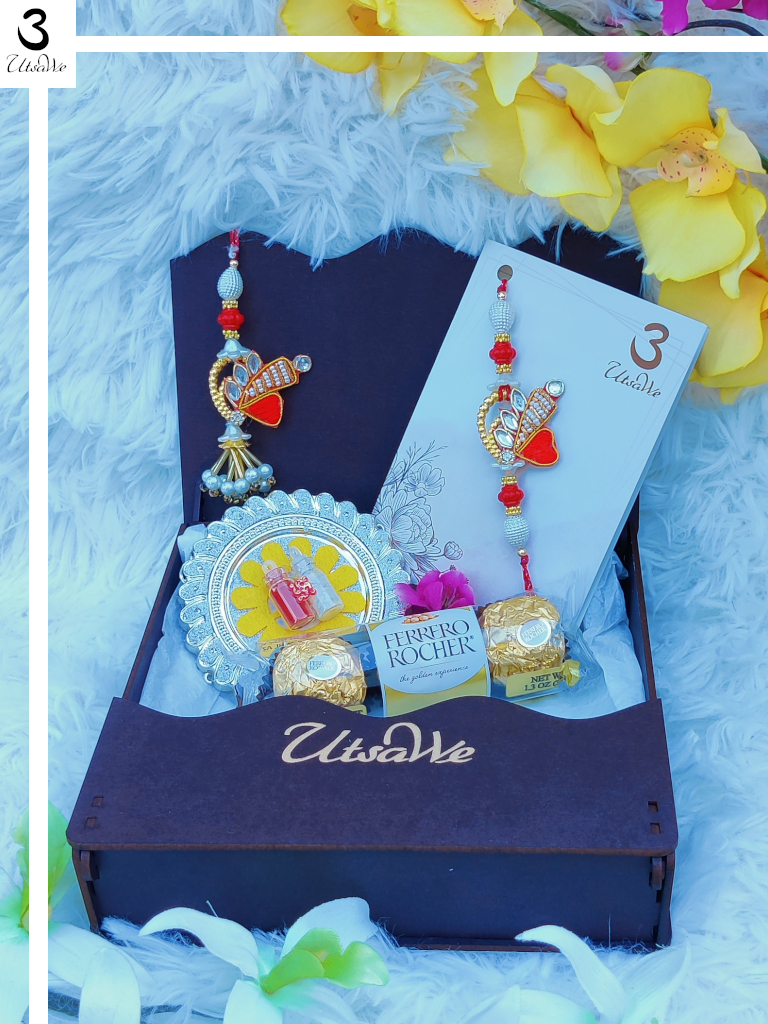Beautiful Bhaiya Bhabhi Rakhi Set w/ Roli,Chaval,Chocolate & Card