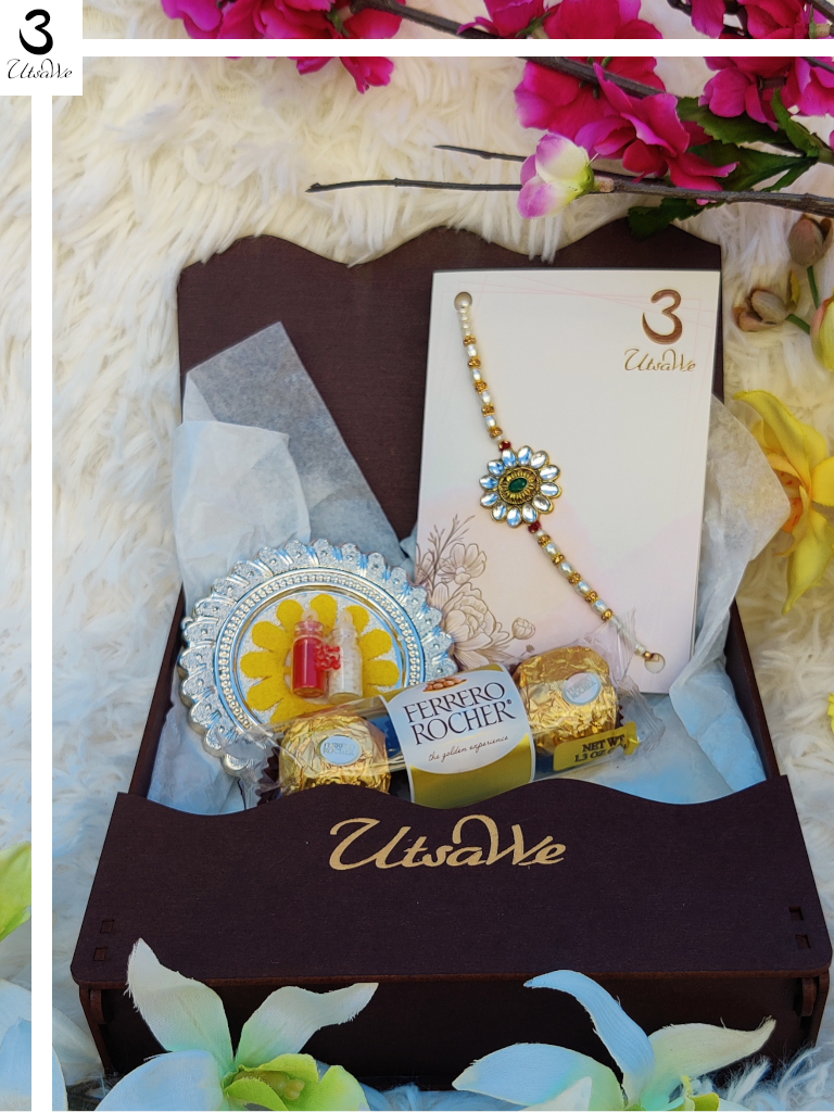 Kundan Rakhi Gift set W/ Roli, Chaval, Card, Chocolates & Love
