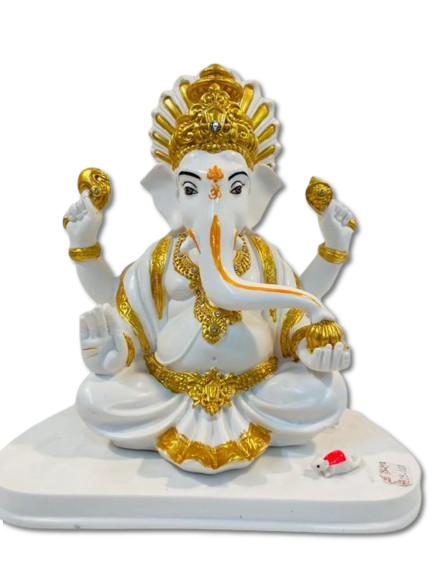 White Fiber in Marble Finishing W/Golden Color Ganesh Statue W/Mouse -11.5" White Fiber in Marble Finishing W/Golden Color Ganesh Statue W/Mouse -11.5"