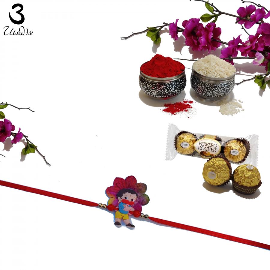 Adorable Ganesh ji Kids Rakhi W/ Handpicked Materials  + Roli & Chaval 