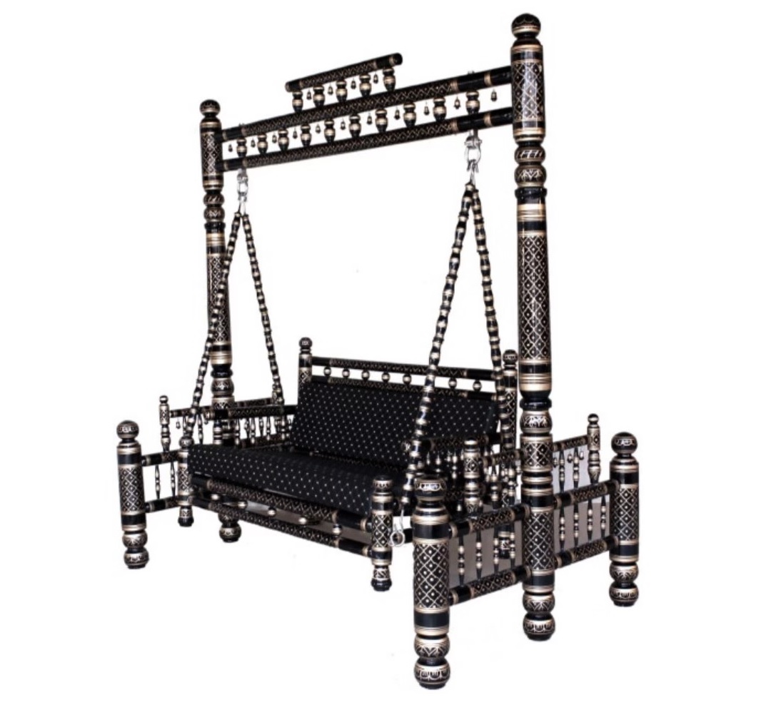 HandCrafted Classic Wooden Sankheda Jhula for Home in Black / Gold HandCrafted Classic Wooden Sankheda Jhula for Home in Black / Gold